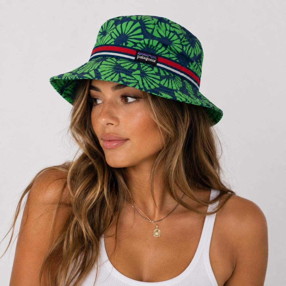 Patagonia Bucket Hat Green Navy Blue Fan Print Nylon Sun Hat Medium